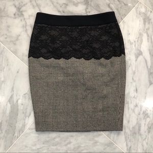 Zara grey plaid pencil skirt with lace
